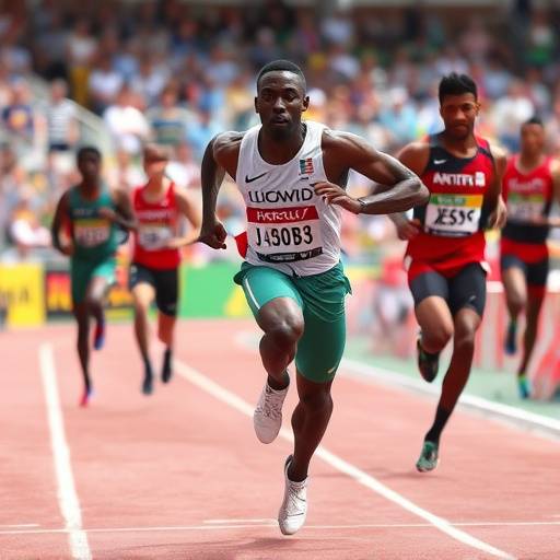 Marcell Jacobs che taglia il traguardo dei 100 metri con un nuovo record italiano